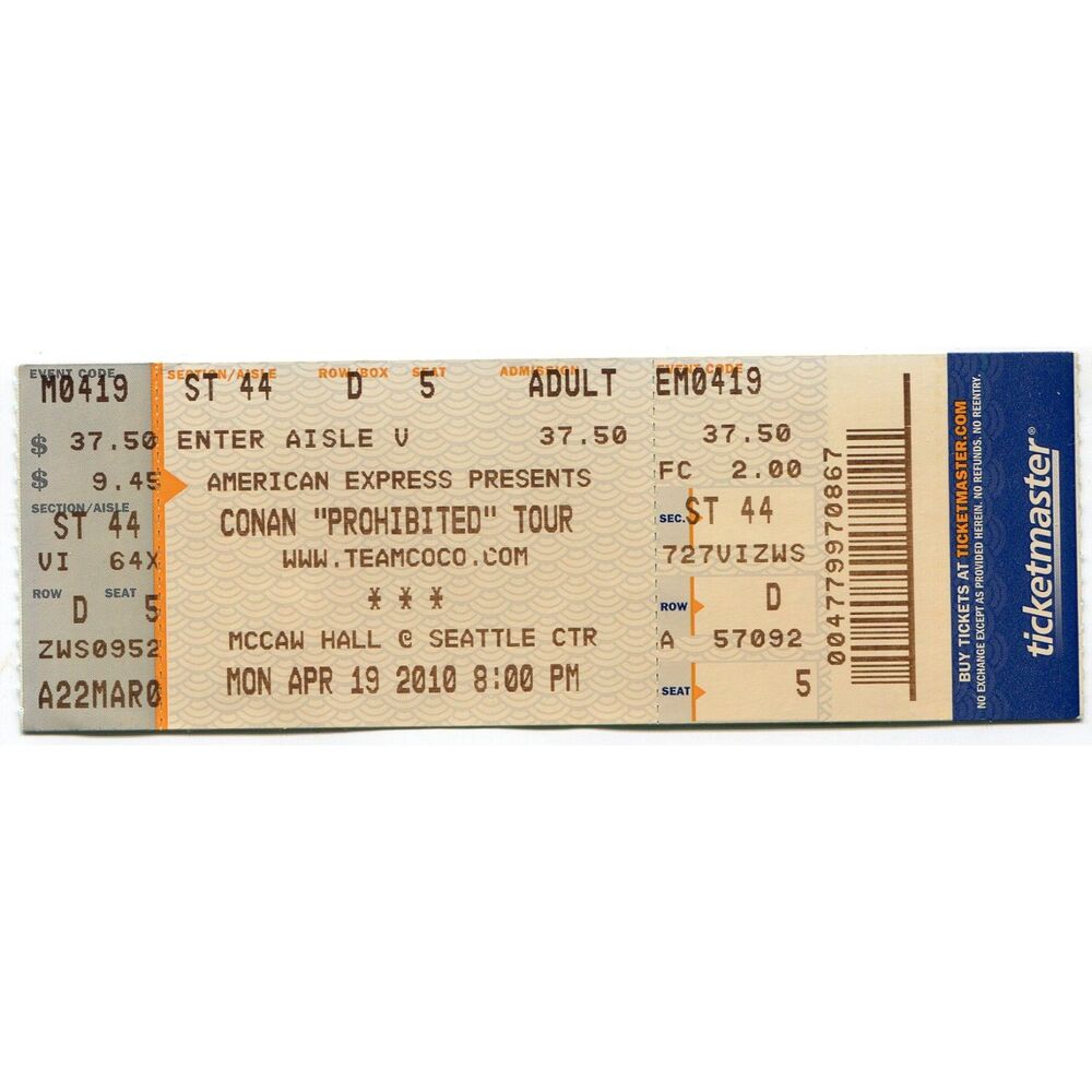 2010 Conan O Brien Eddie Vedder Pearl Jam Full Concert Ticket Stub Seattle WA